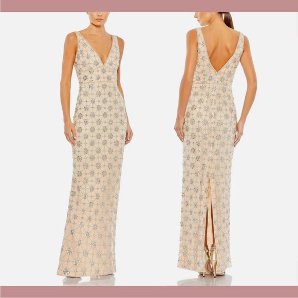 NWT $598 Mac Duggal [ 10 ] Sleeveless Beaded Floral V Neck Gown Nude Silver Q611 - Picture 2 of 16